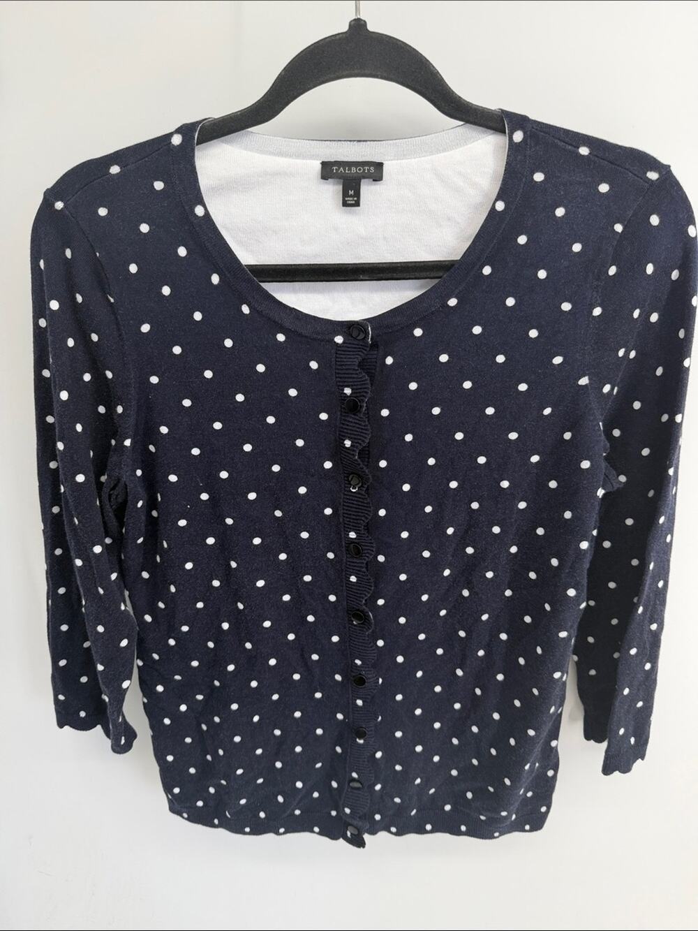 Talbots cotton blend polka dot print scallop opening scoop neck knit cardigan M